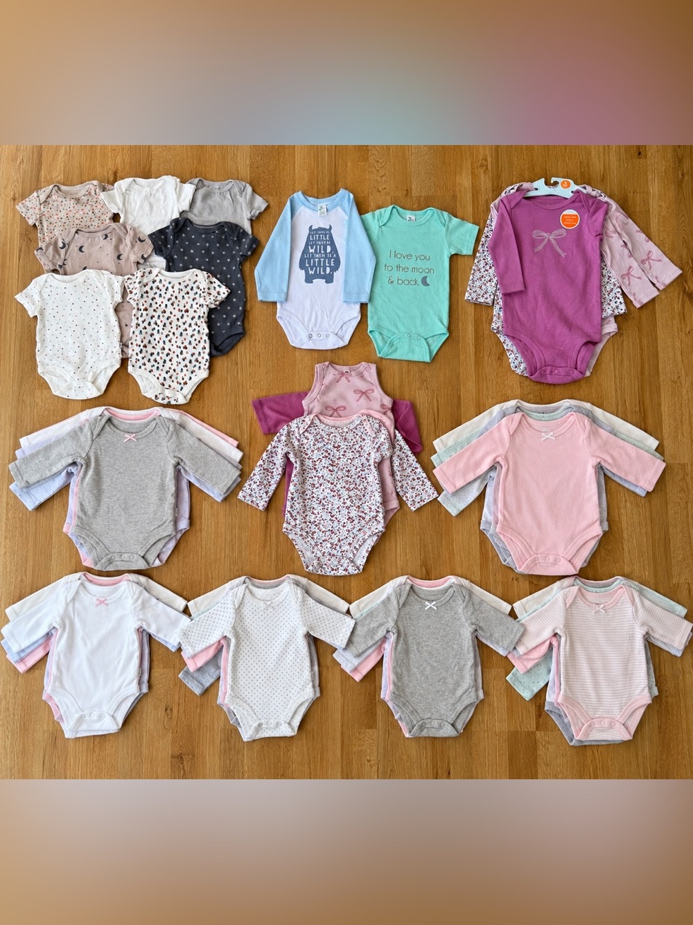 Baby Girls Long-Sleeve One-Piece Bodysuit Set in Pink, Gray, White & Mint